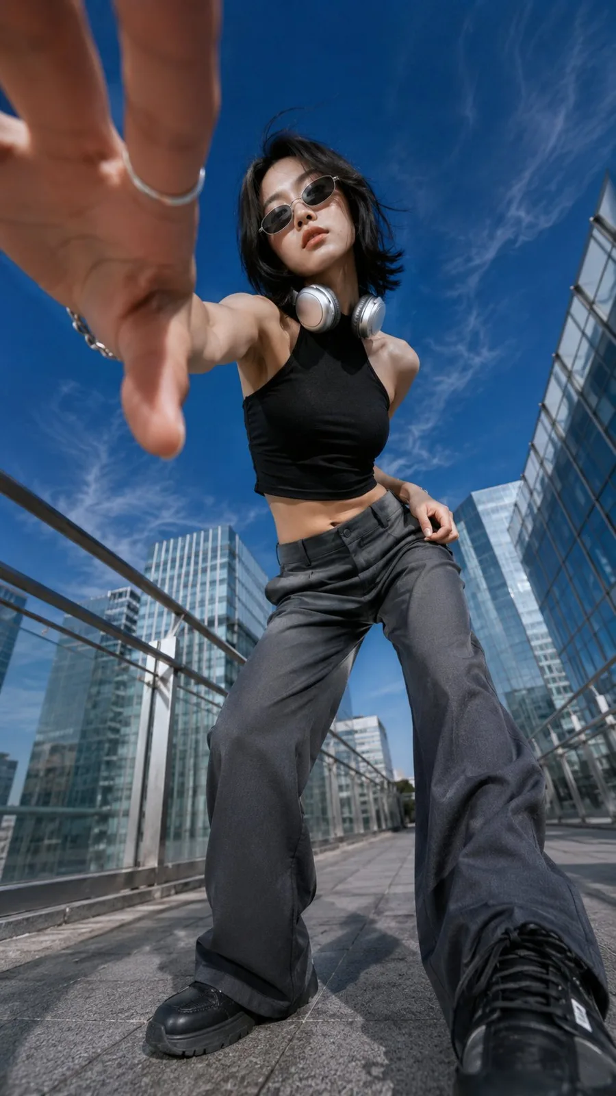 Ultra wide low angle street fashion portrait prompt — After
