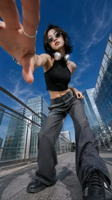 Ultra wide low angle street fashion portrait prompt