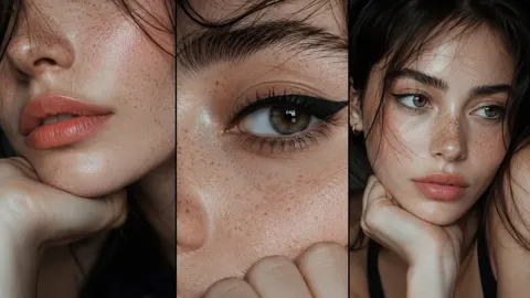 Extreme macro triptych woman portrait