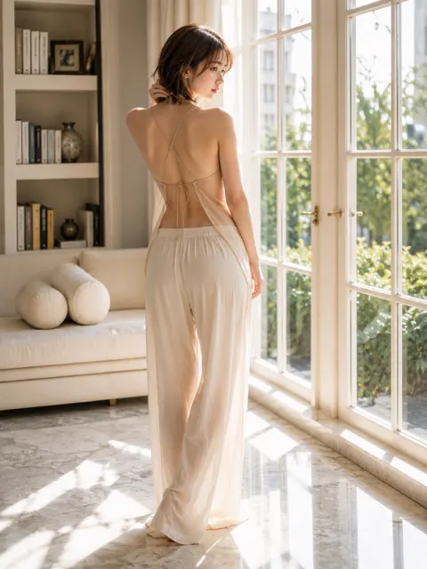 East asian woman luxury apartment entrance portrait