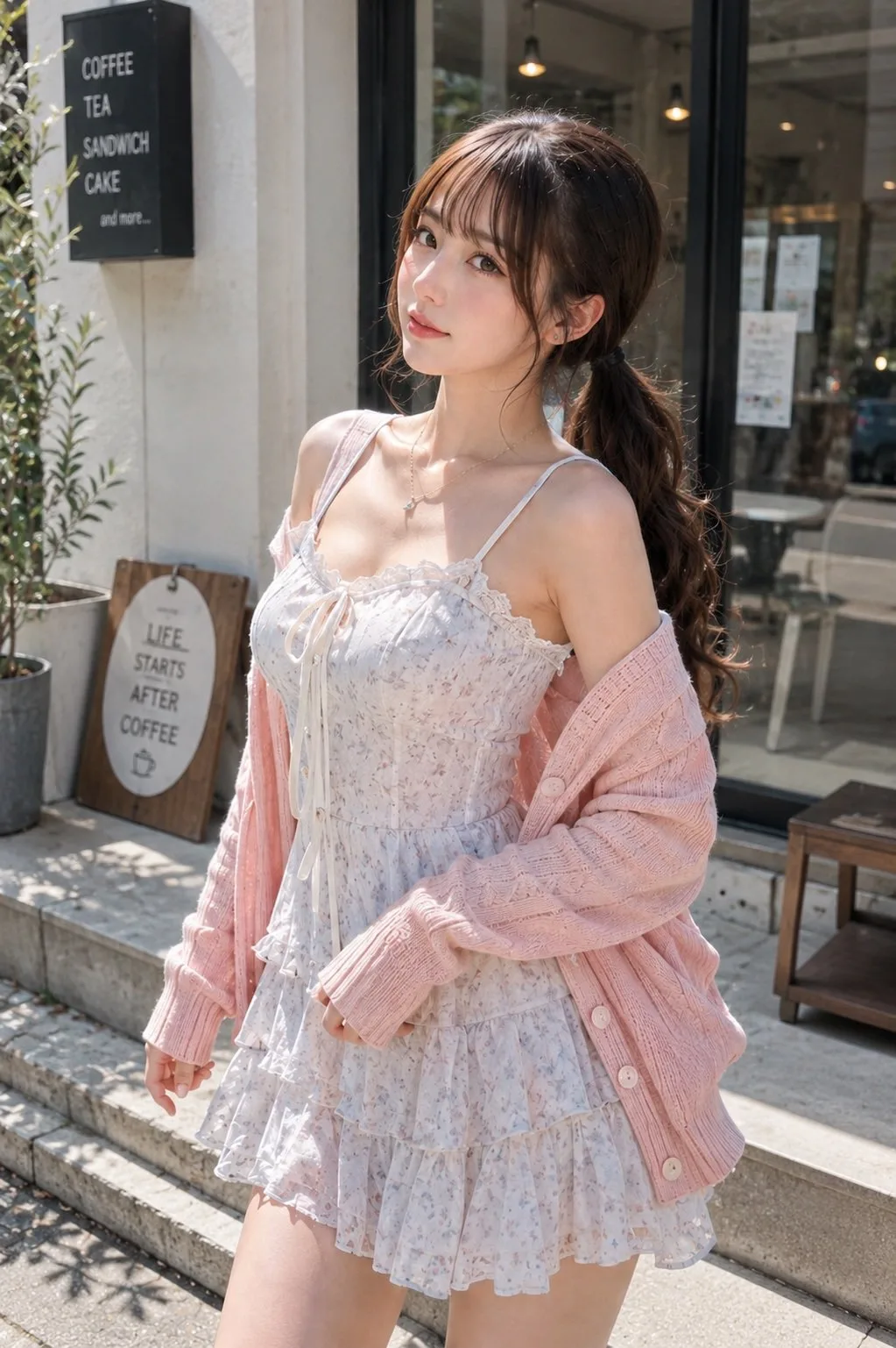 Japanese woman floral dress cafe fashion snapshot — Sonra