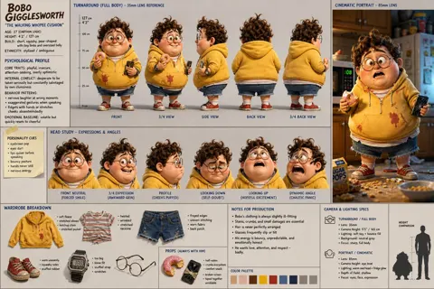 Cinematic character design presentation board