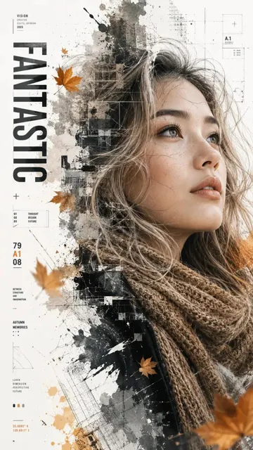 Asian woman double exposure cinematic editorial portrait