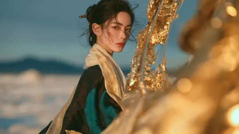 East asian woman salt plain observatory fantasy
