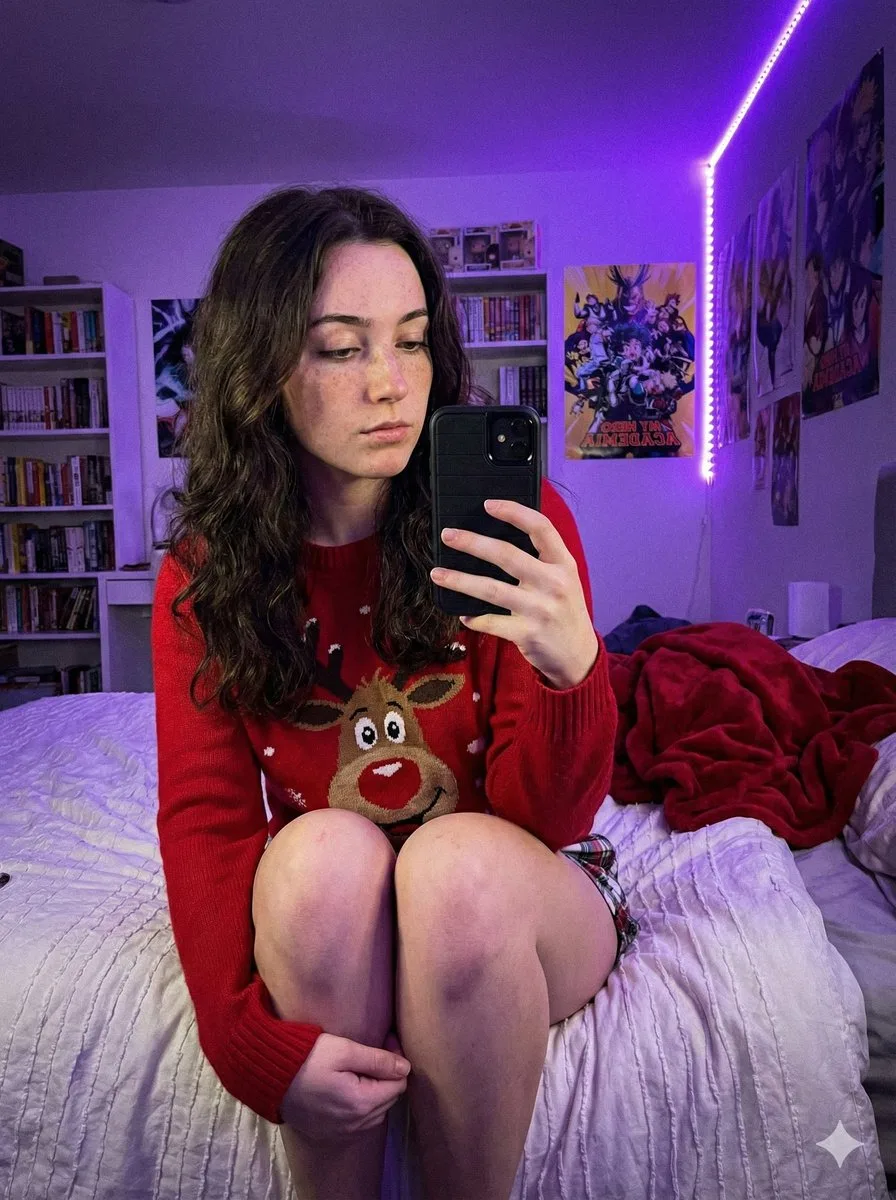 Purple atmosphere reindeer sweater selfie — After