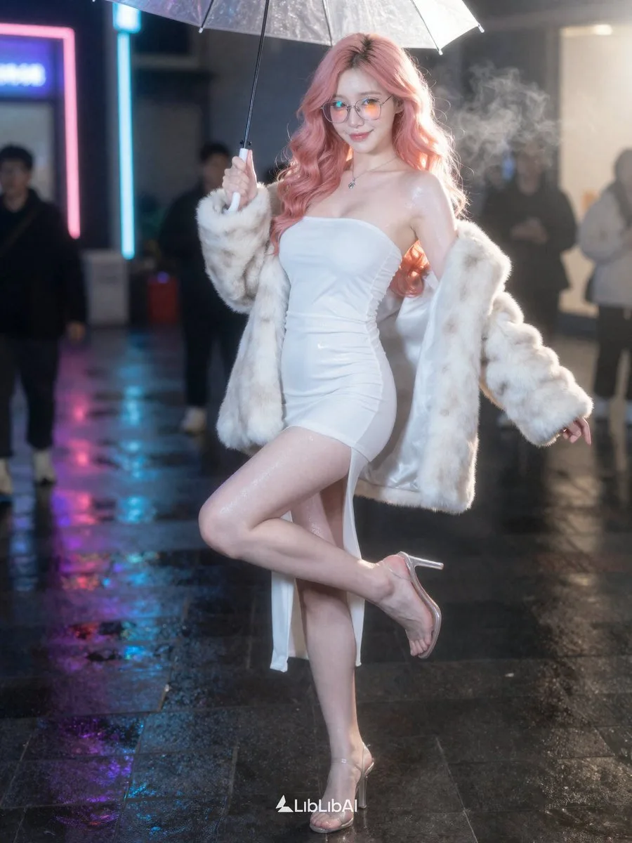 Neon city rain pink hair model — Sonra