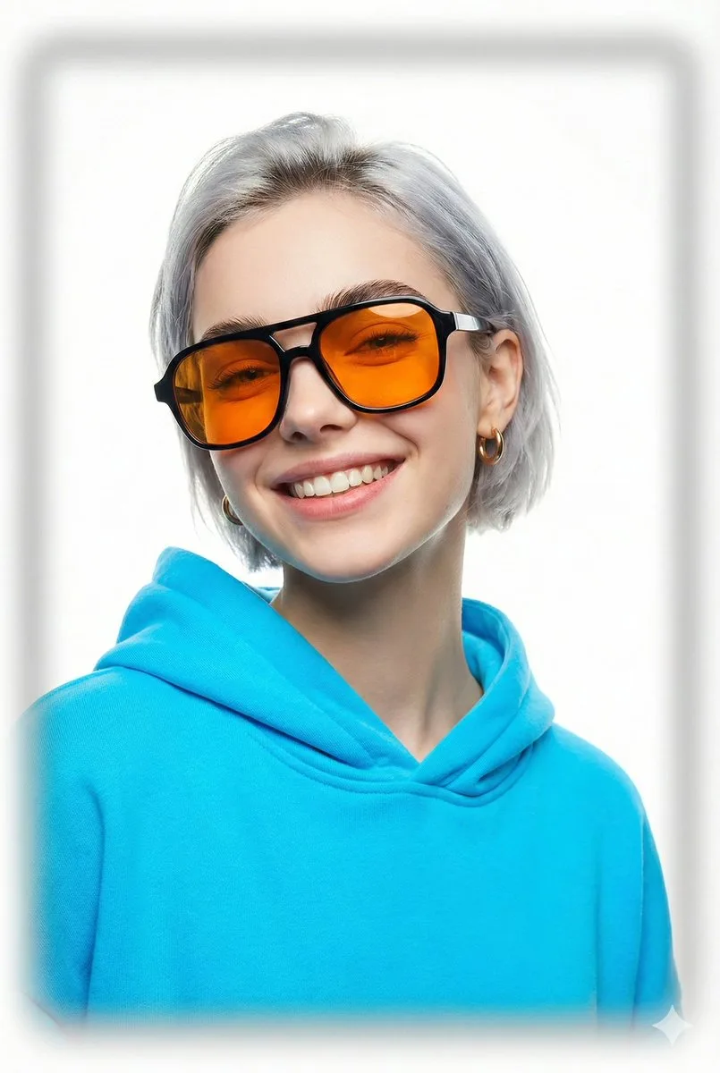 Neon blue hoodie orange sunglasses fashion — After