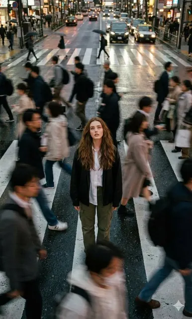 Cinematic stillness in bustling city