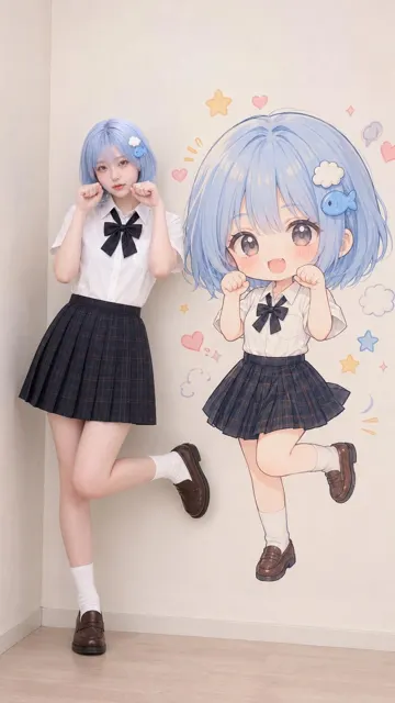 Realistic person chibi wall art interaction