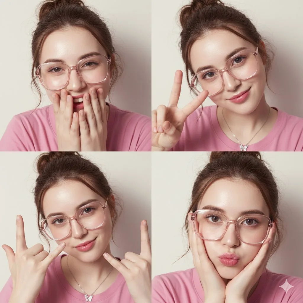 Transparent pink glasses creamy skin grid — Sonra