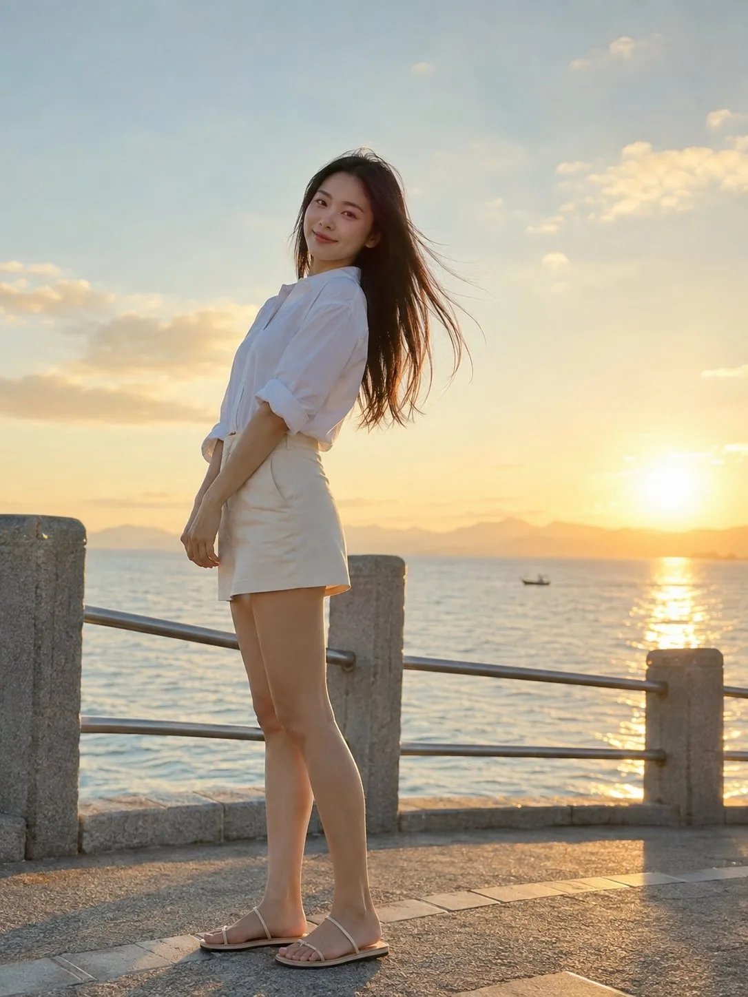 Seaside sunset realistic asian woman portrait — Sonra