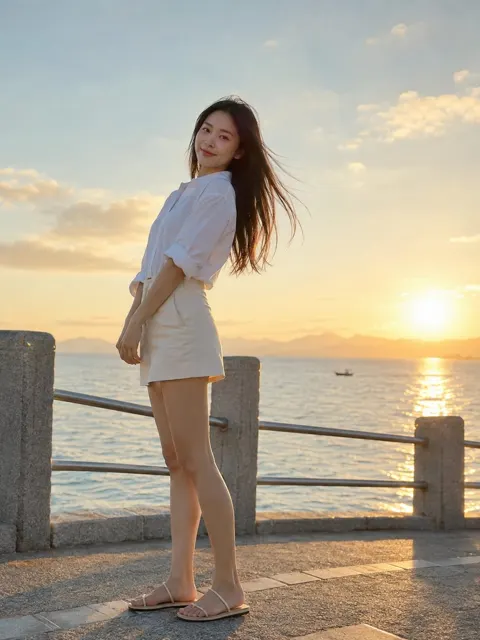 Seaside sunset realistic asian woman portrait