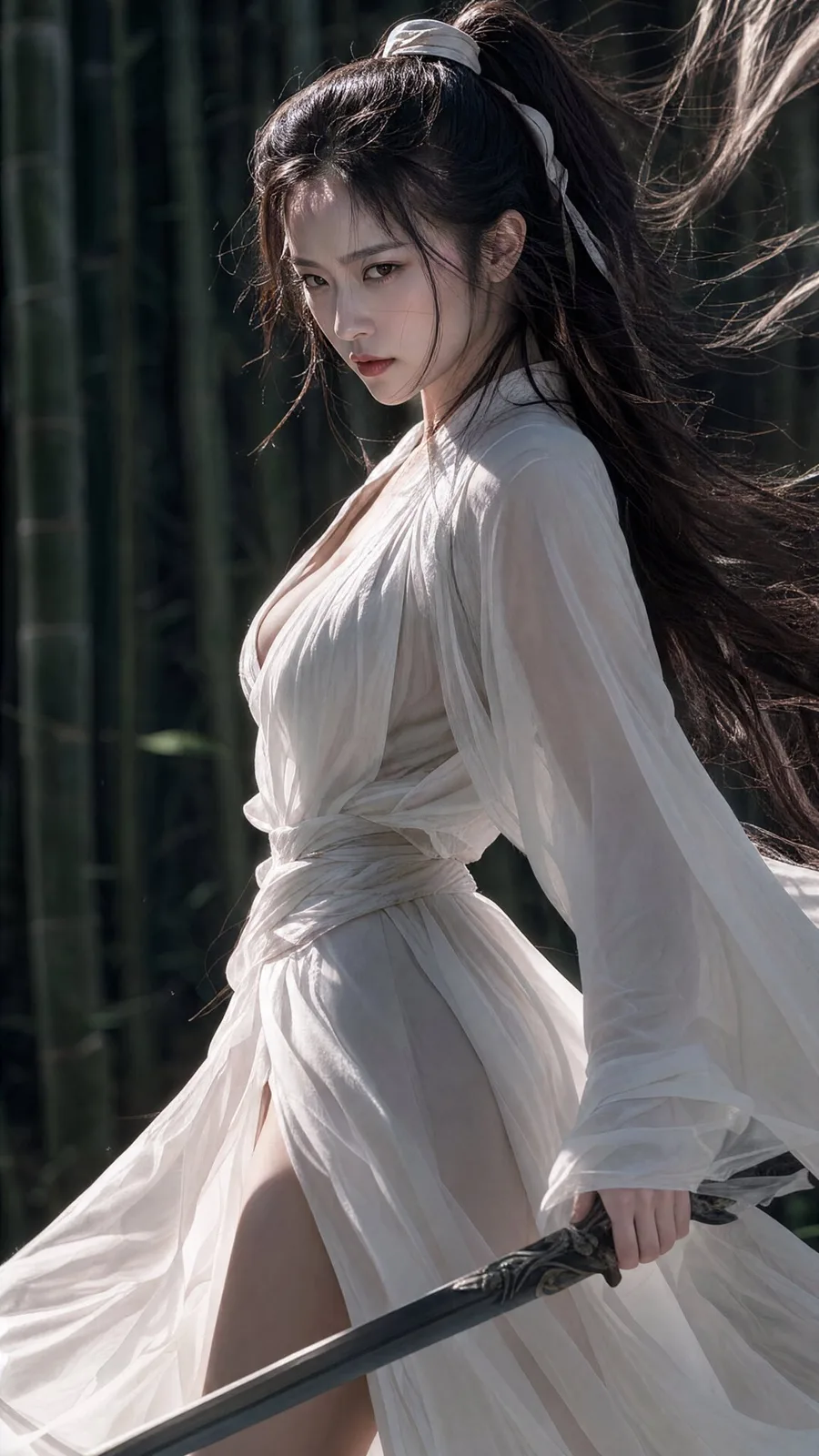 Native 4k vertical cinematic ancient chinese swordswoman bamboo forest — Sonra