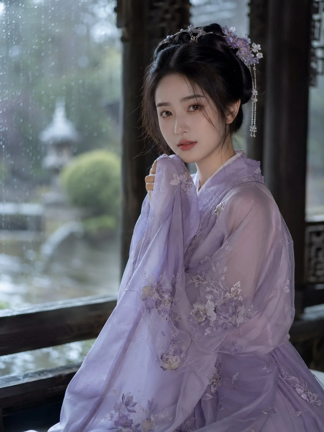 Ancient style korean woman hanfu rainy window portrait — Sonra