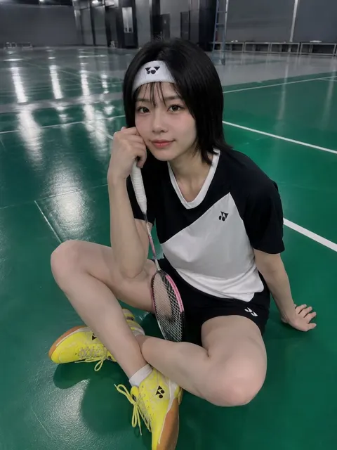 Japanese woman badminton court smartphone selfie