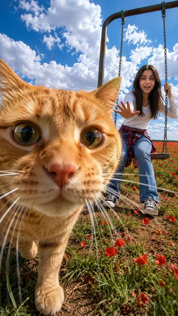 Cat photobombing woman on swing flower field