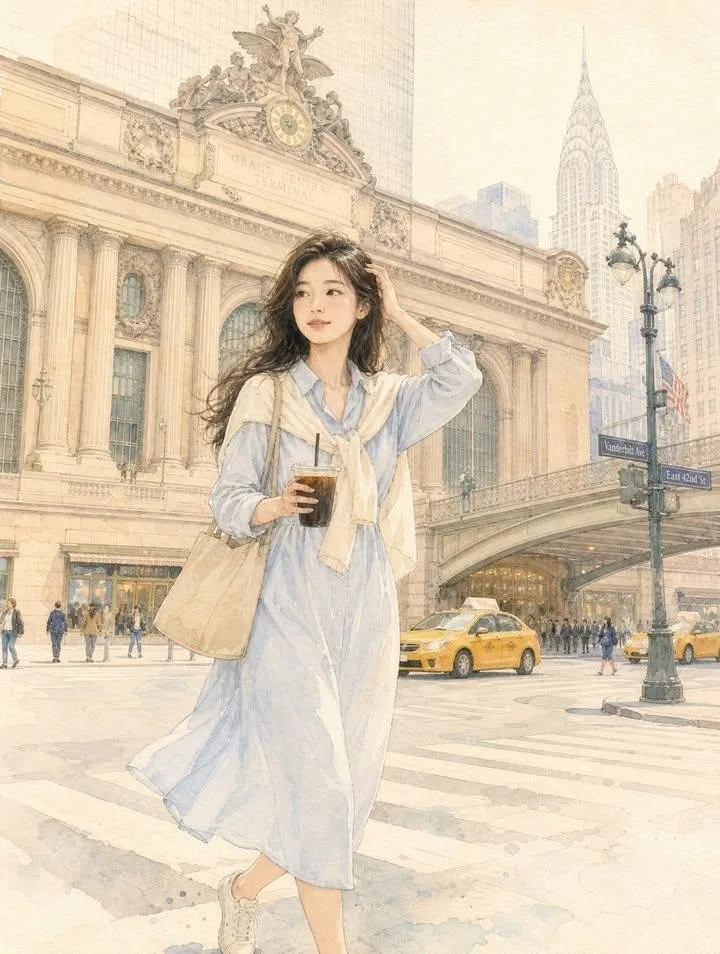Dreamy watercolor nyc east asian woman — Sonra