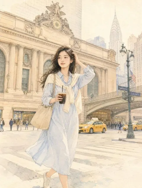 Dreamy watercolor nyc east asian woman