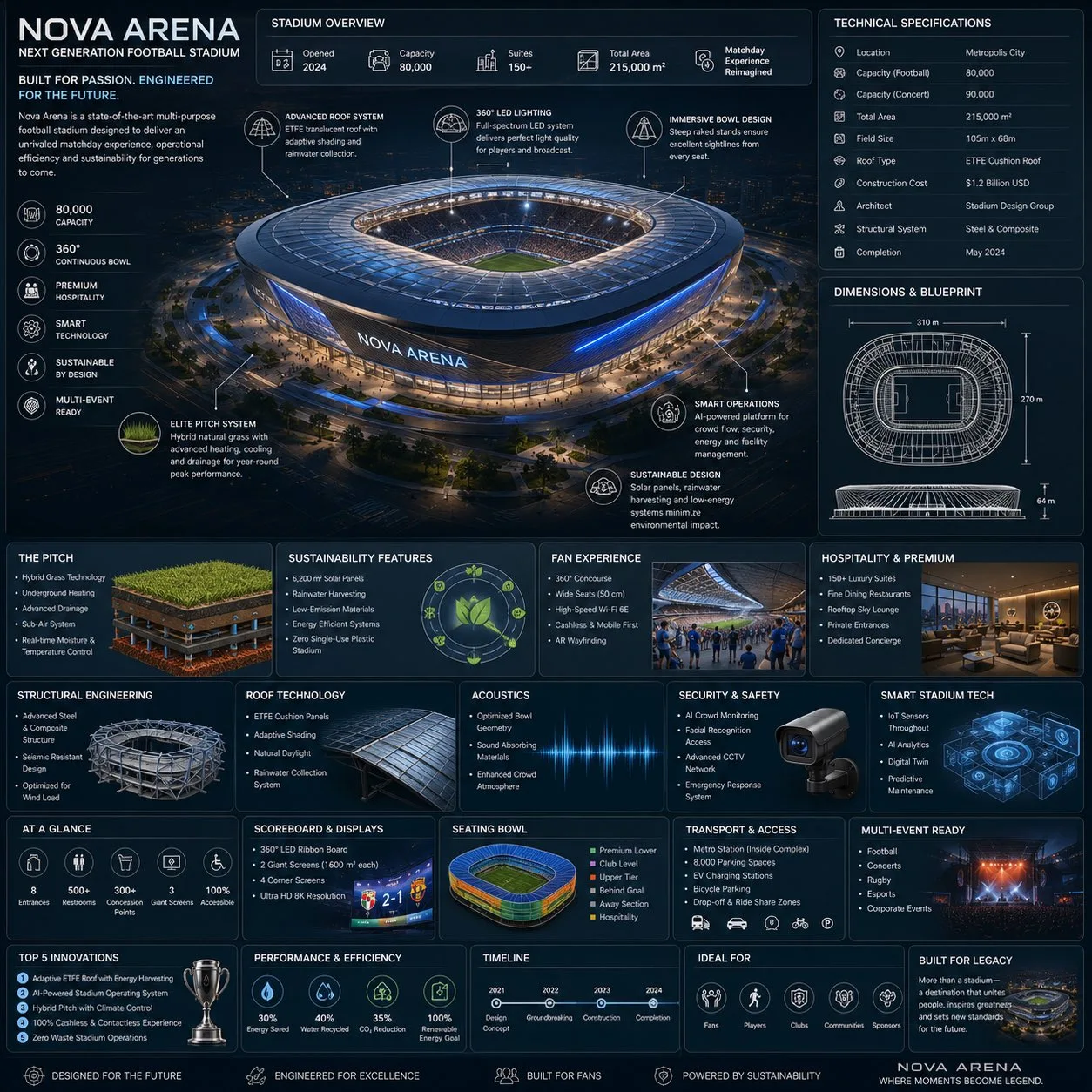 Futuristic football stadium architecture infographic — Sonra