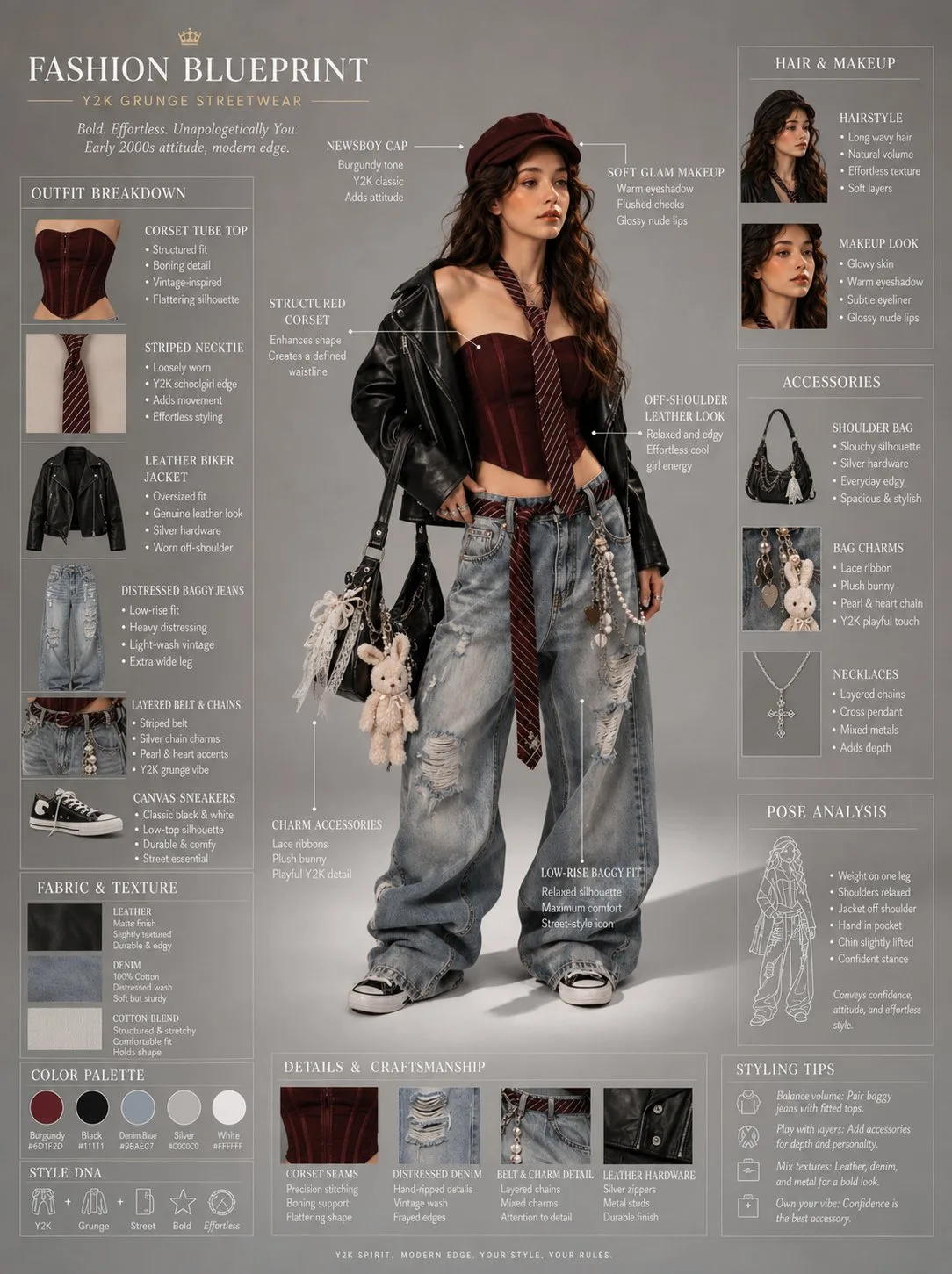 Y2k grunge streetwear fashion blueprint sheet — Sonra