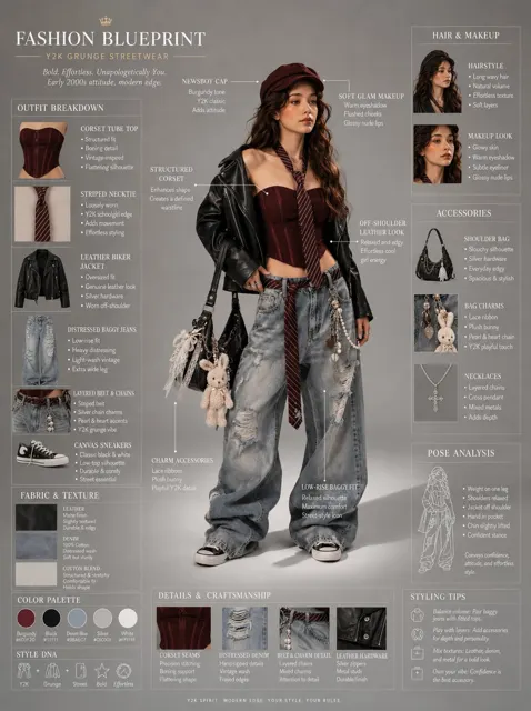 Y2k grunge streetwear fashion blueprint sheet