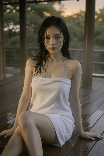 Forest onsen deck wet hair towel portrait