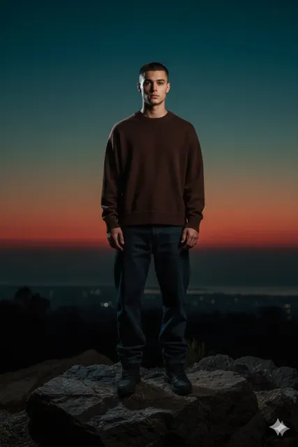 Blue hour buzz cut flash portrait
