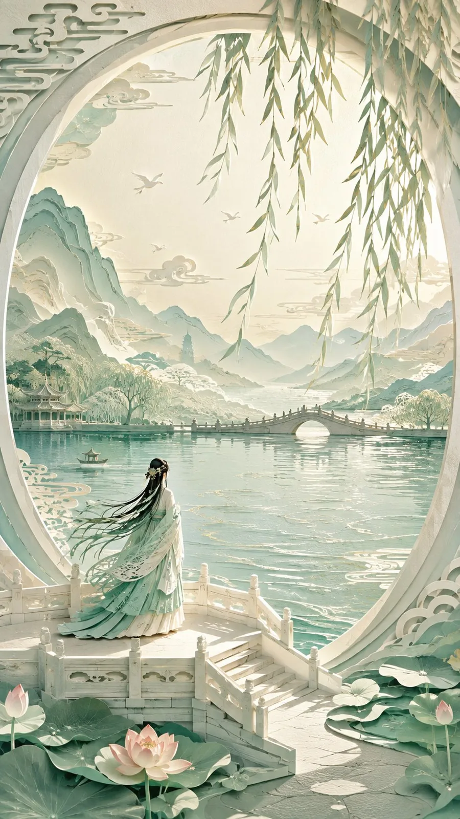 Modern oriental female west lake papercut art — Sonra