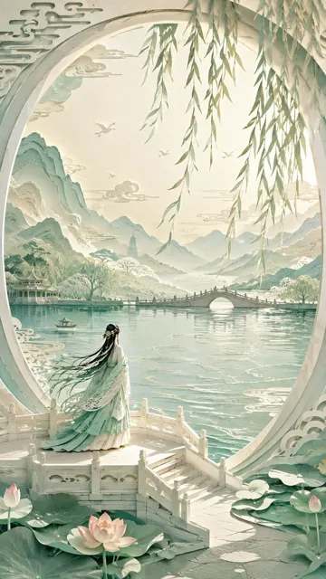 Modern oriental female west lake papercut art