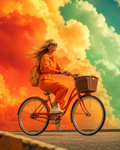 Surreal woman bicycle colorful cloud photography