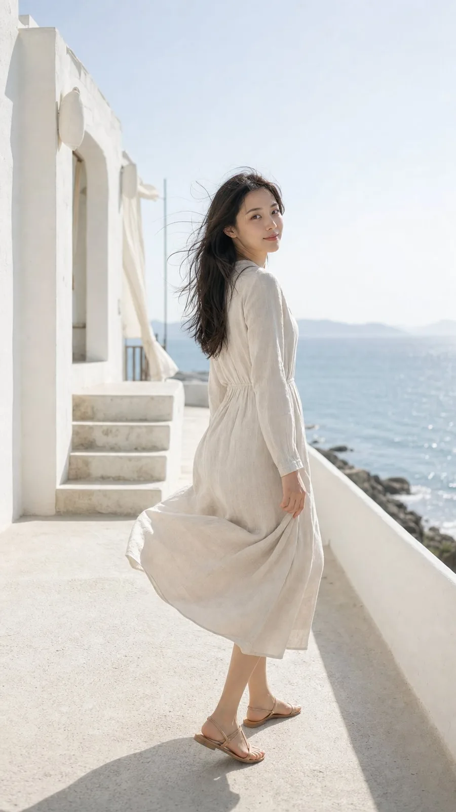Minimalist seaside east asian woman lifestyle portrait — After