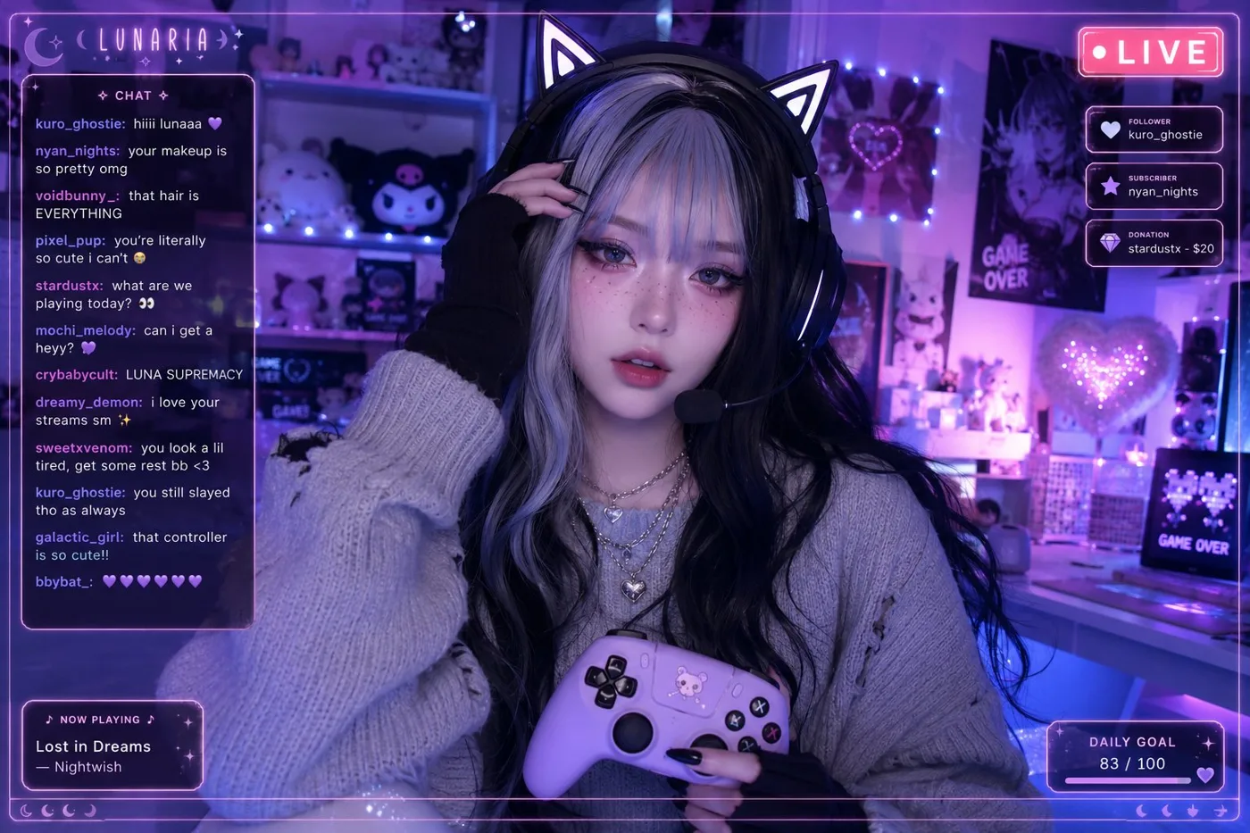 Neon gamer girl live stream aesthetic — Sonra