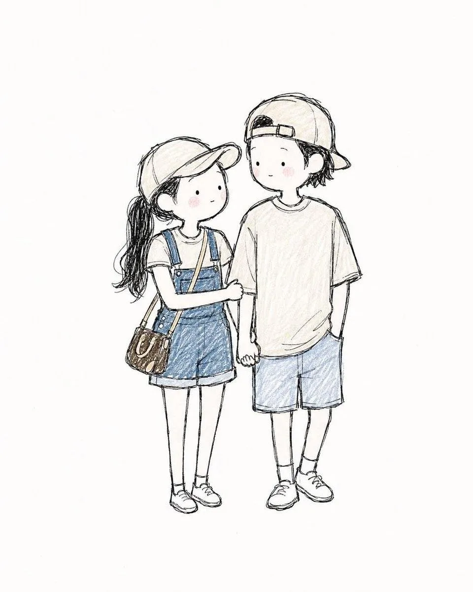 Hand drawn colored pencil couple illustration sketchbook style — After