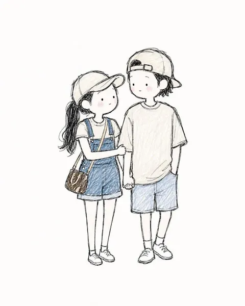Hand drawn colored pencil couple illustration sketchbook style