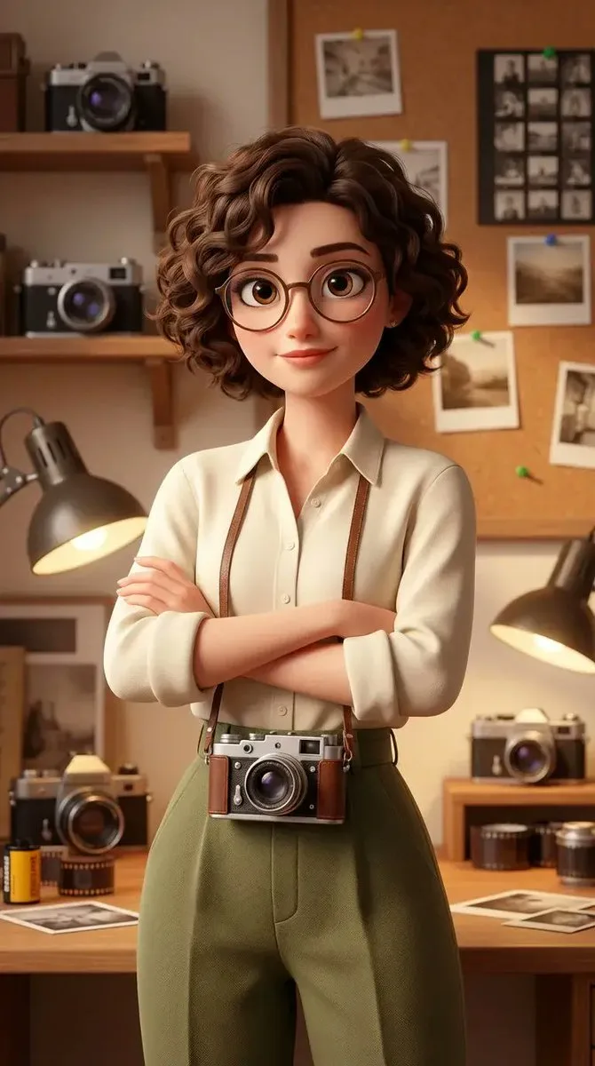 Pixar style vintage female photographer — Sonra