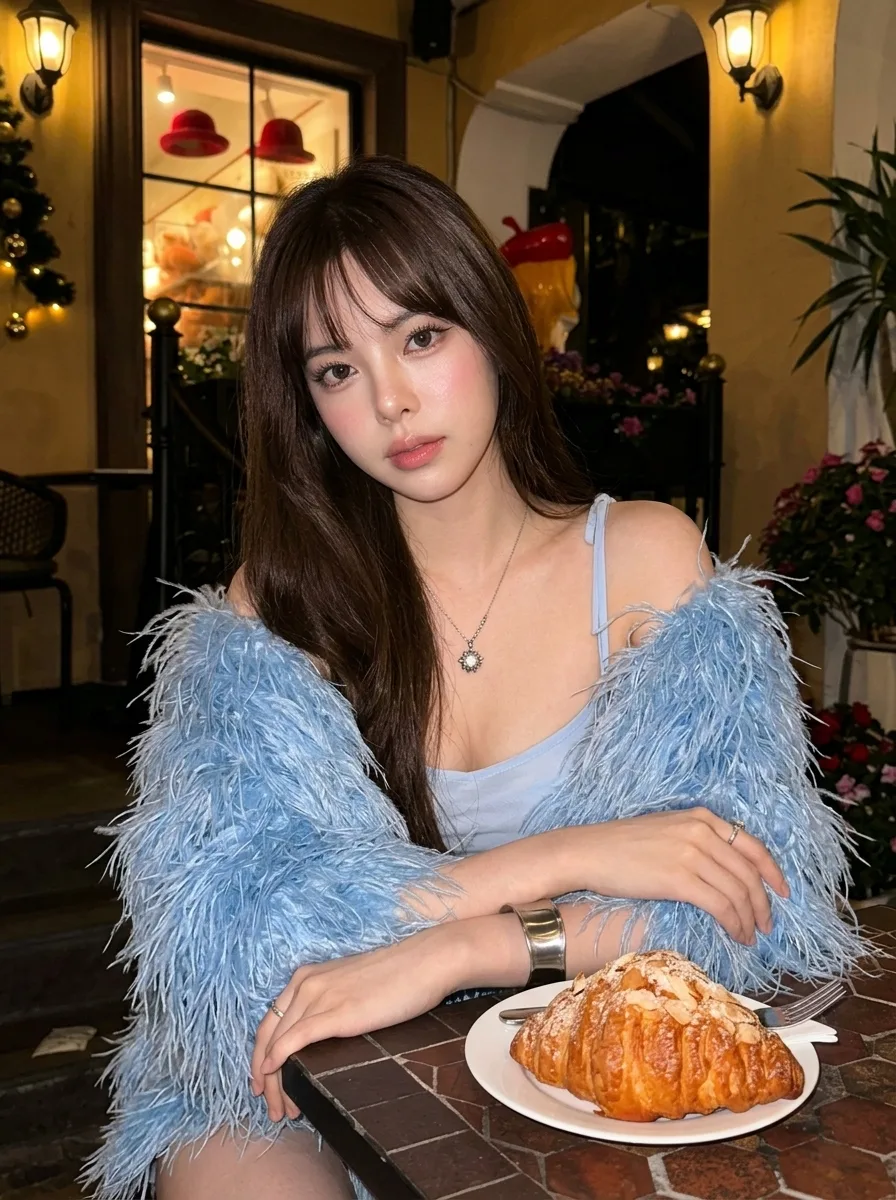 Warm cafe blue feather girl — After