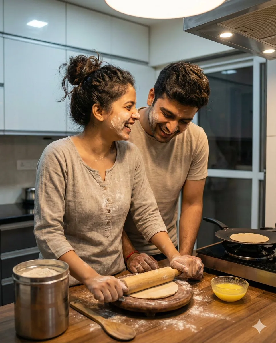 Laughing indian couple cooking flour — After