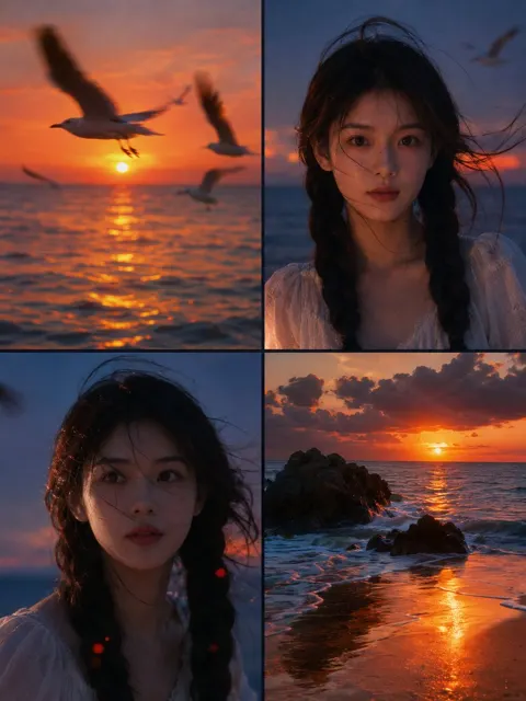 Cinematic seaside sunset analog film collage