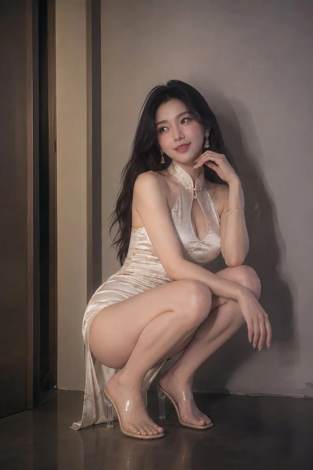 Hyper realistic east asian woman cheongsam indoor portrait — After