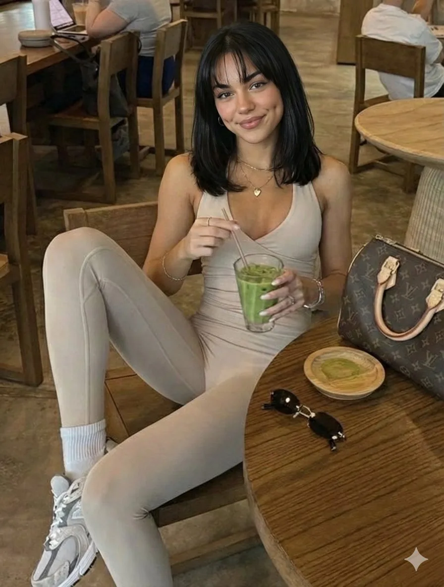 Urban girl in beige jumpsuit at cafe — After