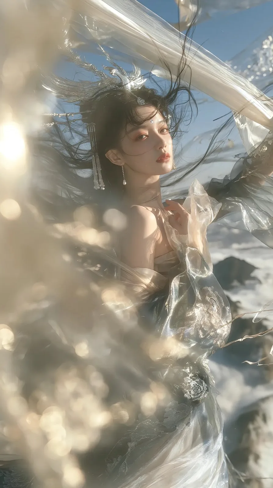 Silver phoenix xianxia goddess snow mountain portrait — Sonra