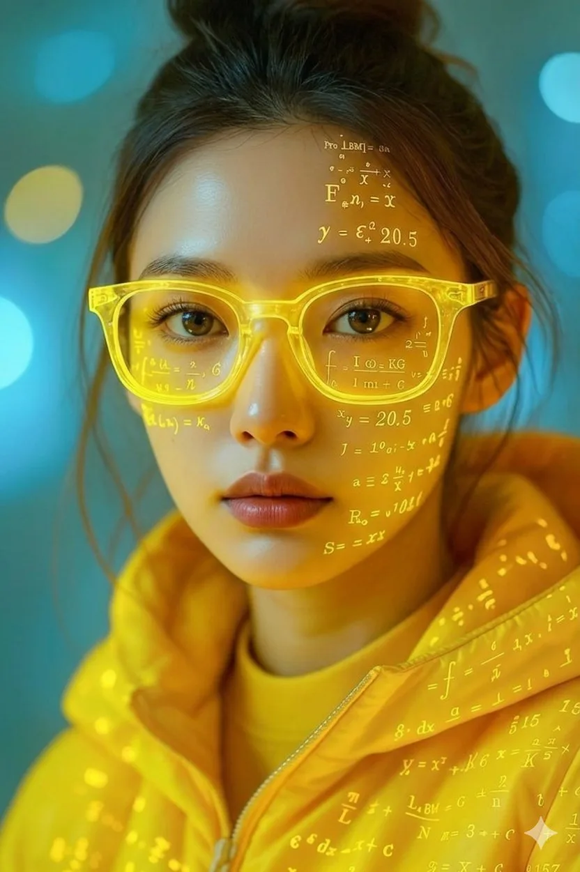Cinematic east asian woman math projection yellow puffer jacket — Sonra