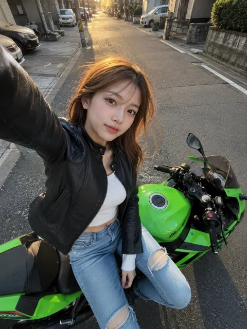 Ultra realistic japanese woman motorcycle selfie golden hour