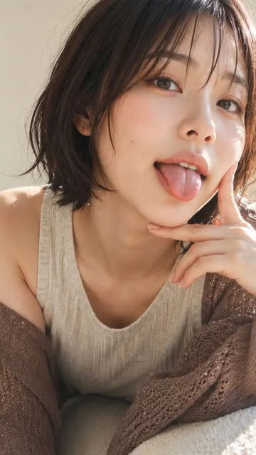 Playful japanese woman sticking tongue out living room