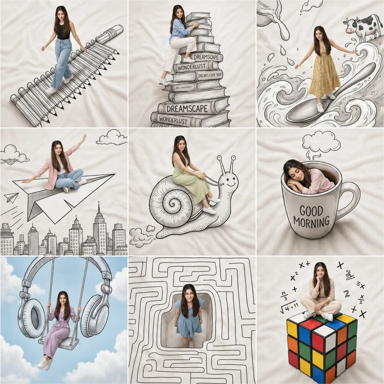 Creative 3x3 collage woman hand drawn doodle photography — After