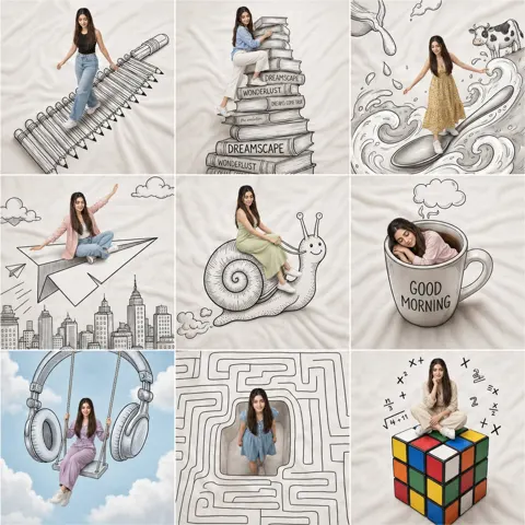 Creative 3x3 collage woman hand drawn doodle photography