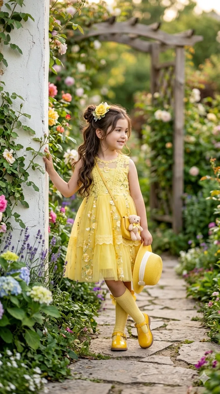 Little girl yellow dress garden portrait — After