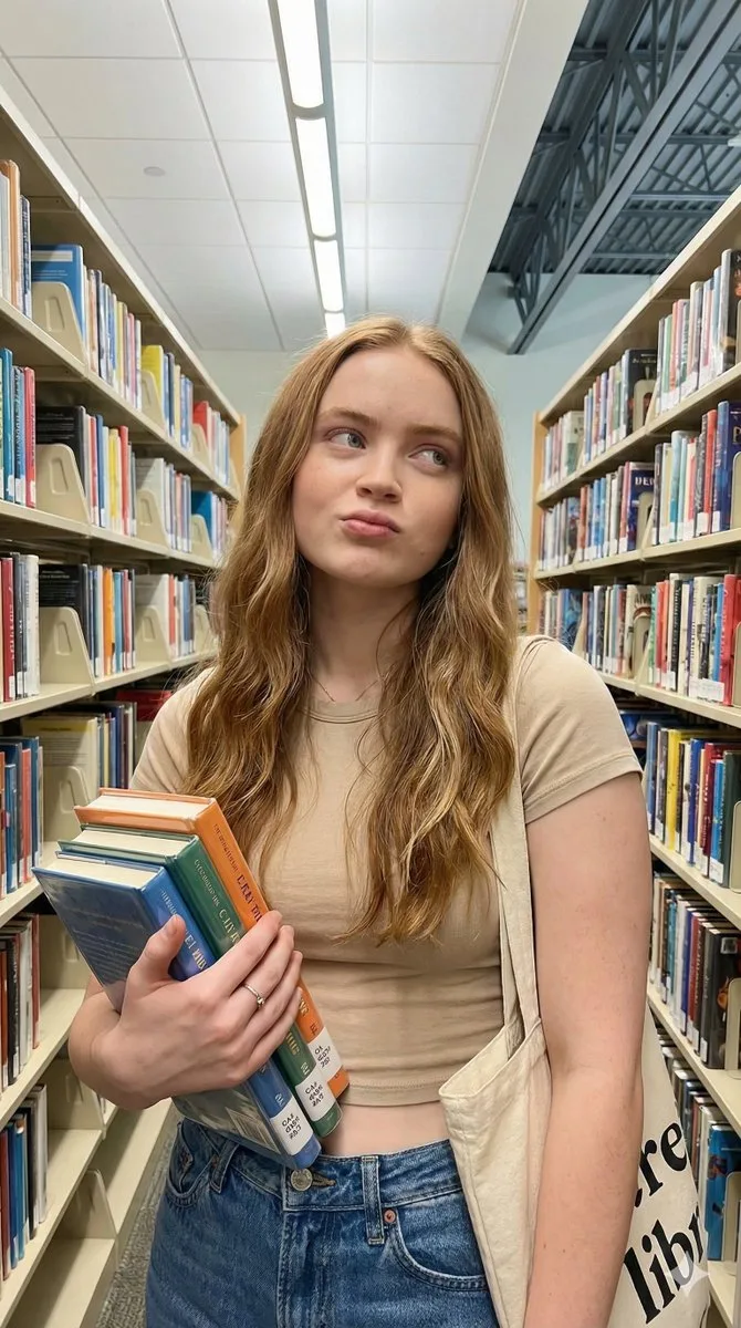 Playful library bookworm girl — Sonra