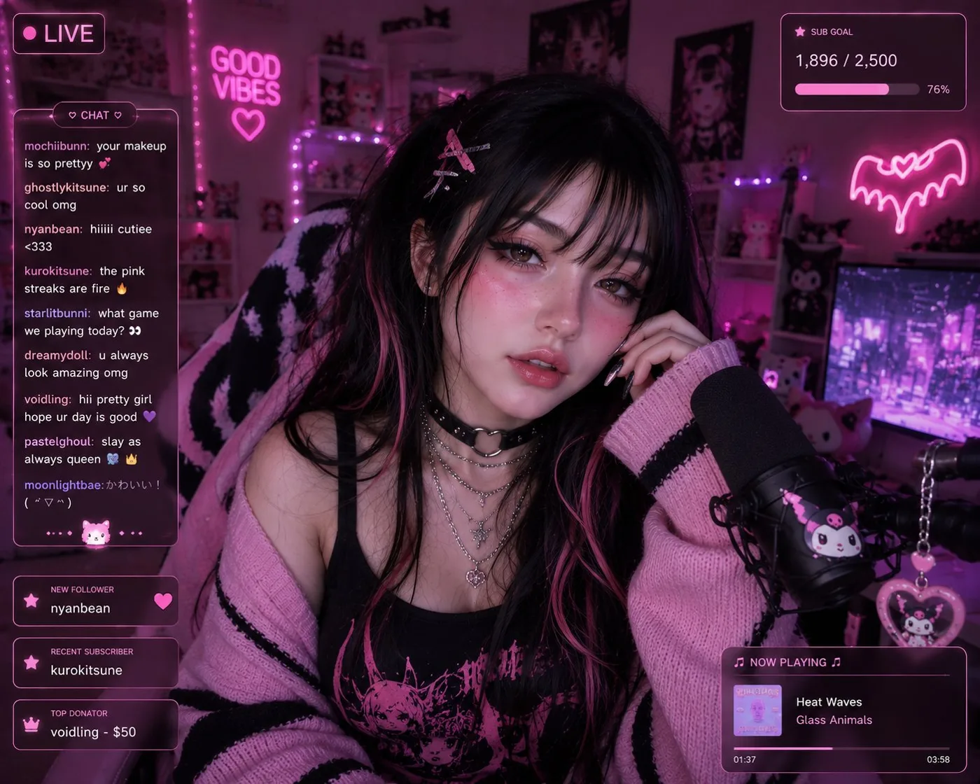 Cyber neon pink gamer girl live stream aesthetic — Sonra