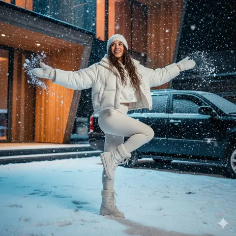 Cinematic snowy fashion blockbuster